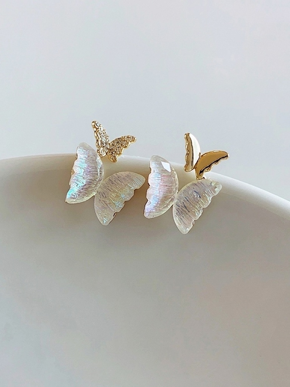 NEW Dreamy Iridescent Gold Double Butterfly Stud Earrings - 925 Silver Posts